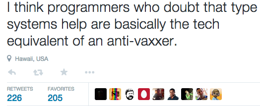 Tweet claiming that any doubt that type systems are helpful is equivalent to being an anti-vaxxer