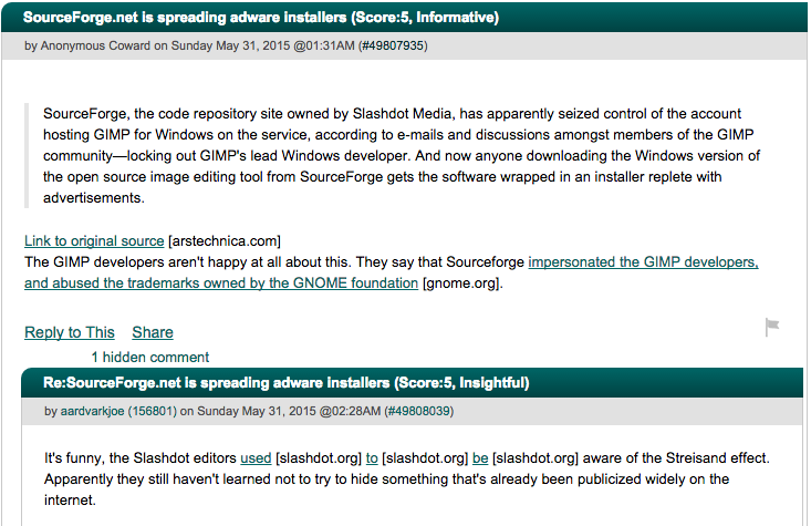A highly upvoted comment about SourceForge on Slashdot